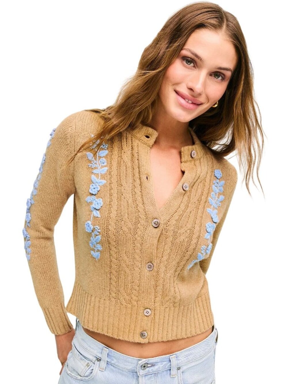 Ann Mashburn Ellen Cardigan in Tan Large Womens Floral Knit Sweater